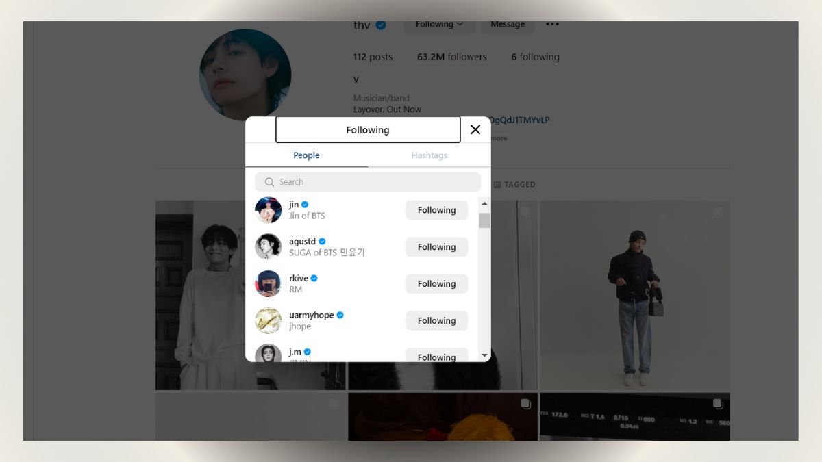 There is no Jungkook account followed by V